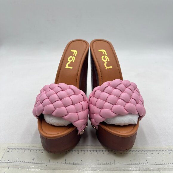 FSJ Pink Braided Open Toe Chunky High Heel Sandal Woven Slip On Mule Slippers - Picture 3 of 8